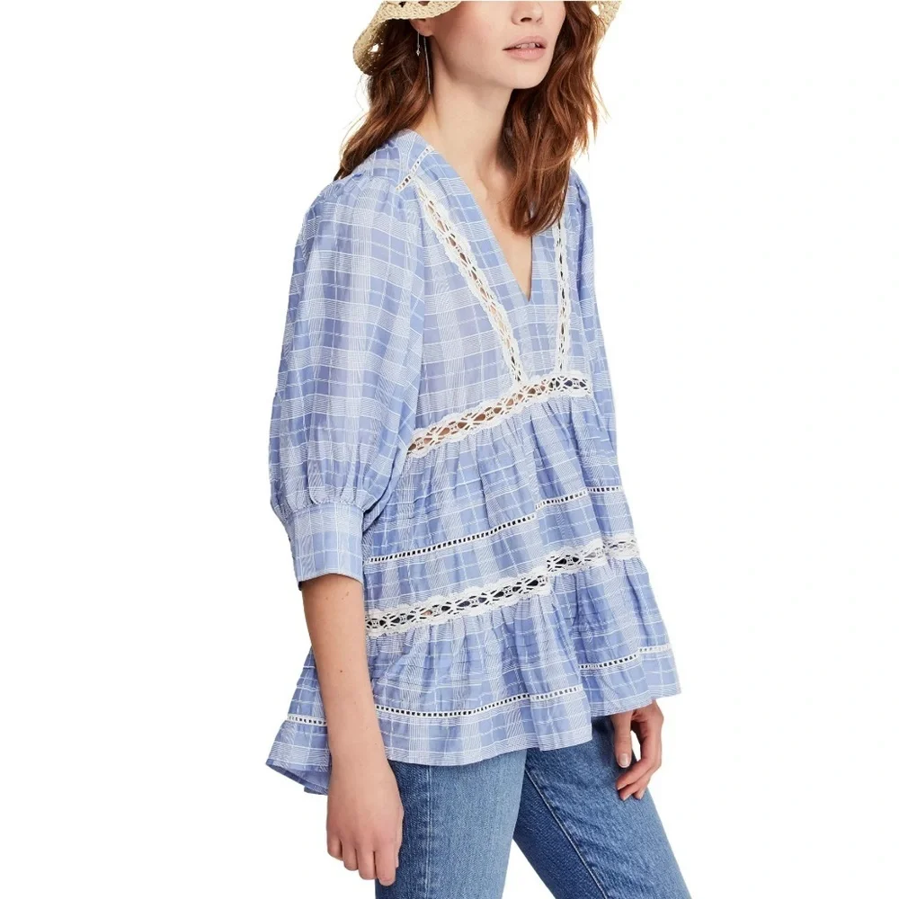 Free People Time Out Lace Tunic Shirt Blouse Chambray Blue White Plaid Medium - Picture 10 of 12